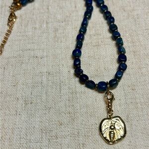 Lapis Blue Beaded Bee Charm Necklace - Boho Statement Jewelry